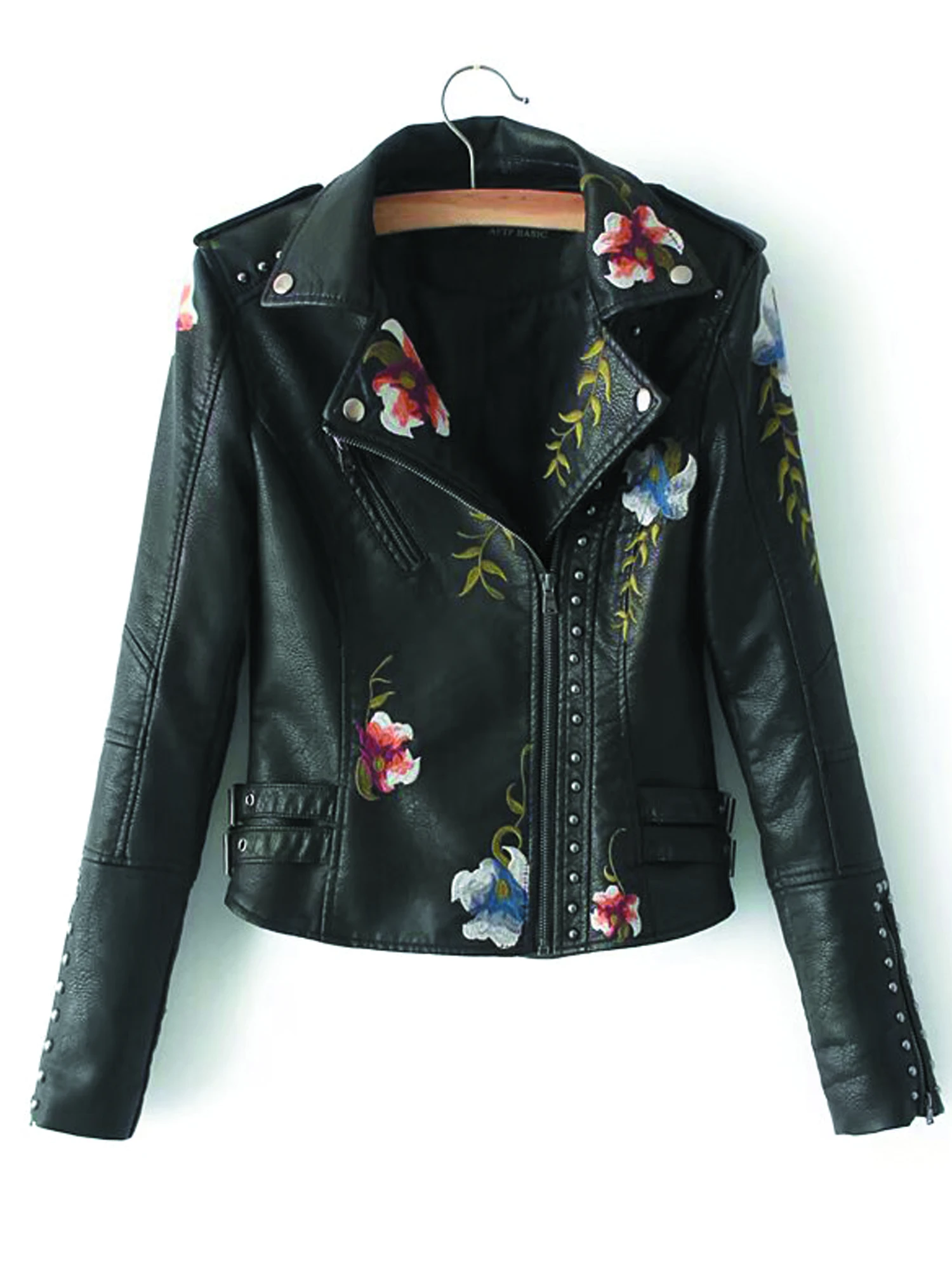العلامة التجارية الجديدة المرأة الرجعية الأزهار طباعة التطريز فو سترة جلدية ناعمة معطف بدوره إلى أسفل طوق بولي Moto موتو السائق الأسود فاسق ملابس خارجية #6