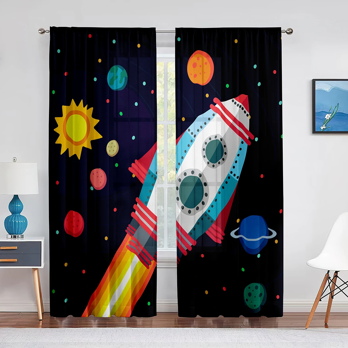 Cartoon Outer Space Rocket Planet Tulle Sheer Window Curtains for Living Room Boys Kids Bedroom Tulle Voile Curtain Drapes Decor