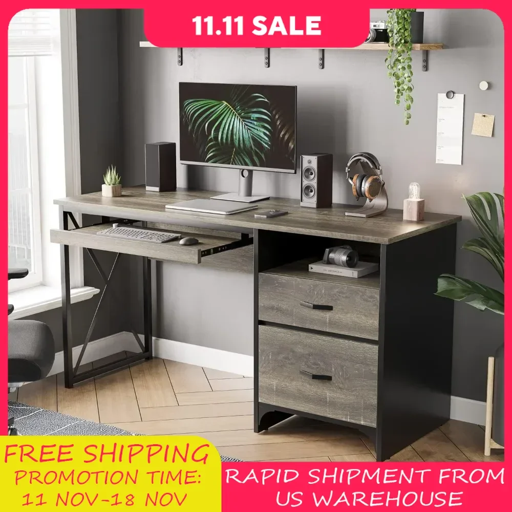 

Office Desk with Drawers, 55 inch Industrial Computer Desk with Storage, Wood Teacher Desk with Keyboard Tray & File Drawer