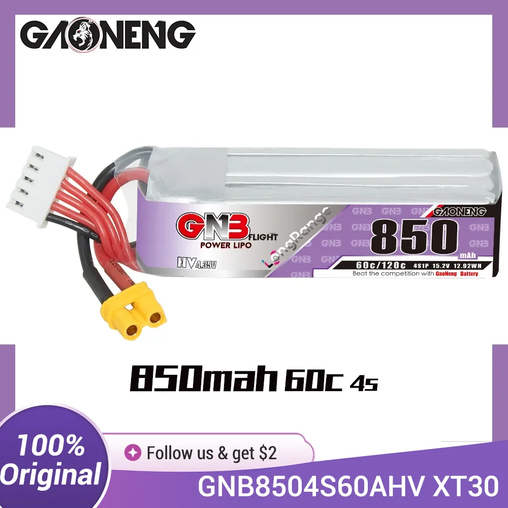 GAONENG GNB LiPo Battery 850mAh 4S 15.2V 60C Long Range XT30 Plug For Beta95X, Beta85X, Beta75X, CineBee, UAV, 2 to 3 inch Drone