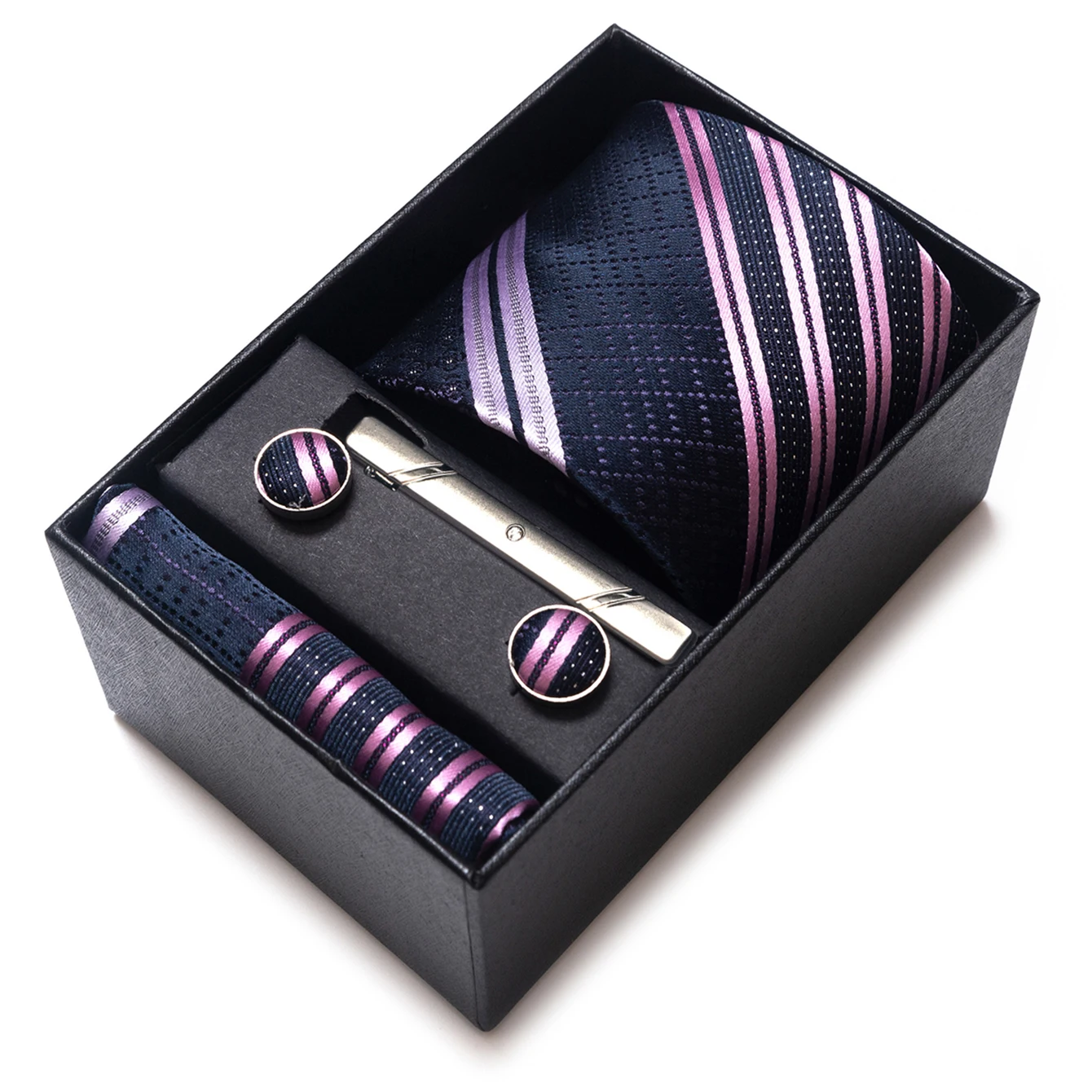 Immagine 7: Set da 4 pezzi per uomo: cravatta a righe, pochette, gemelli e fermacravatta, ideale per regali, affari, lavoro e matrimoni.
