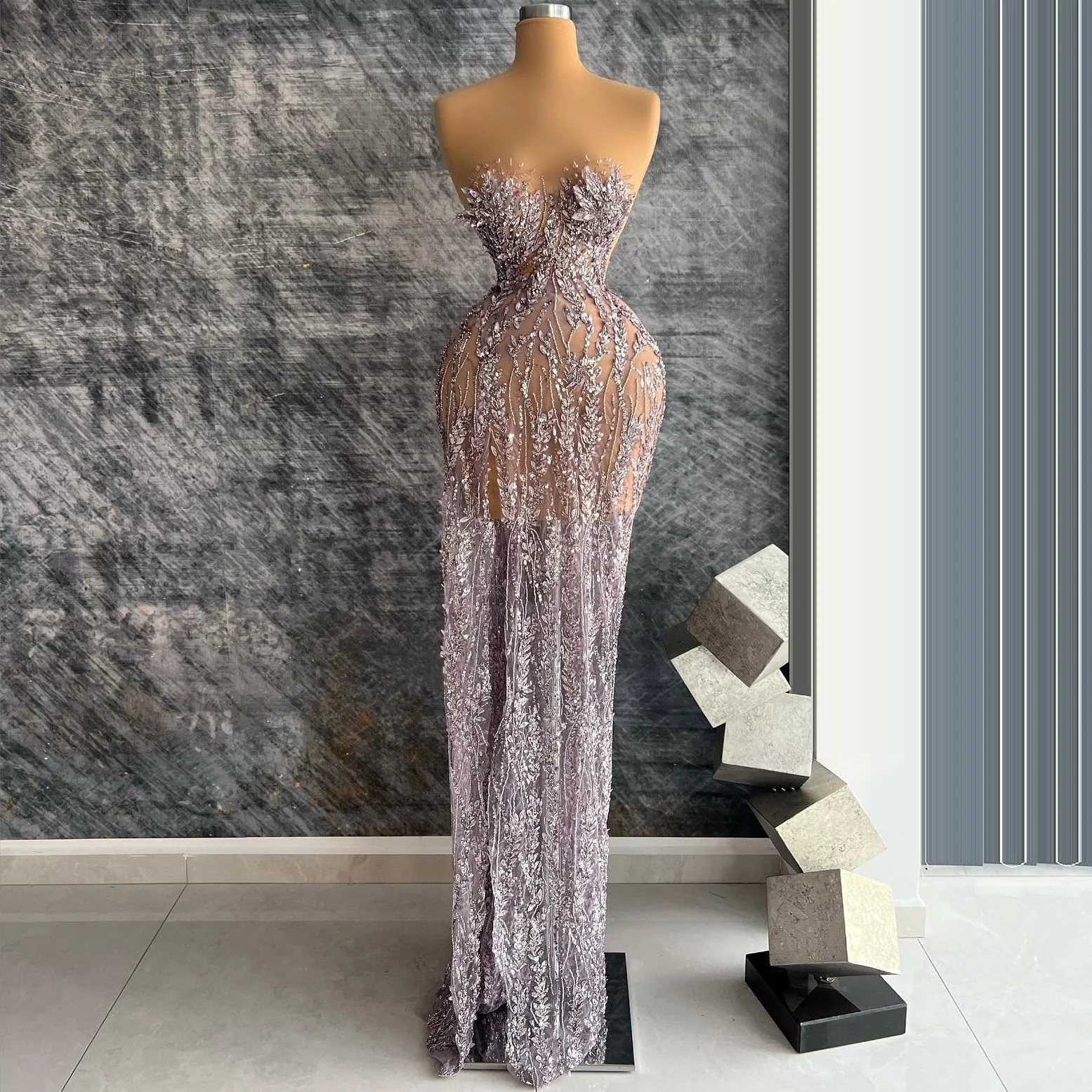 Pale Purple Tulle High Slit Dress Sexy Sequined Strapless See Through Long Dress Mermaid Prom Dresses Party And Holiday Dresses