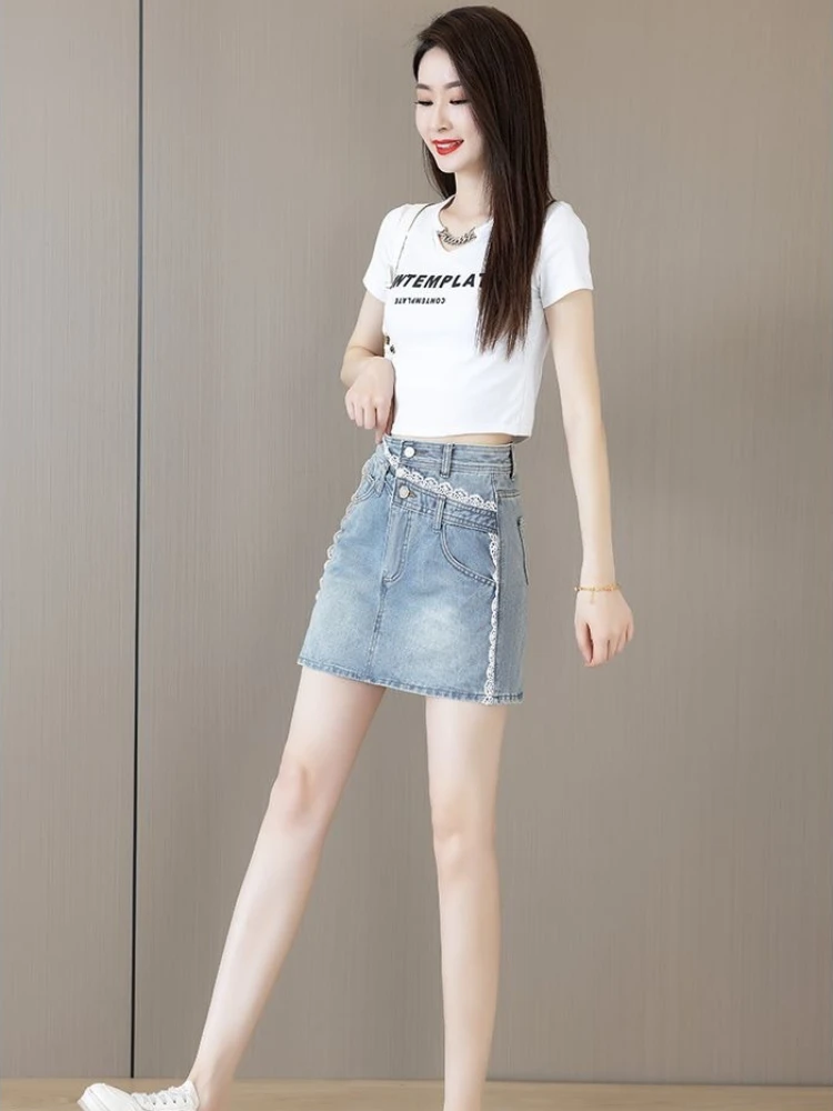 

Женская джинсовая мини-юбка с высокой талией, кружевными вставками, асимметричная, облегающая, А-силуэт, летняя мода 2026, новинка