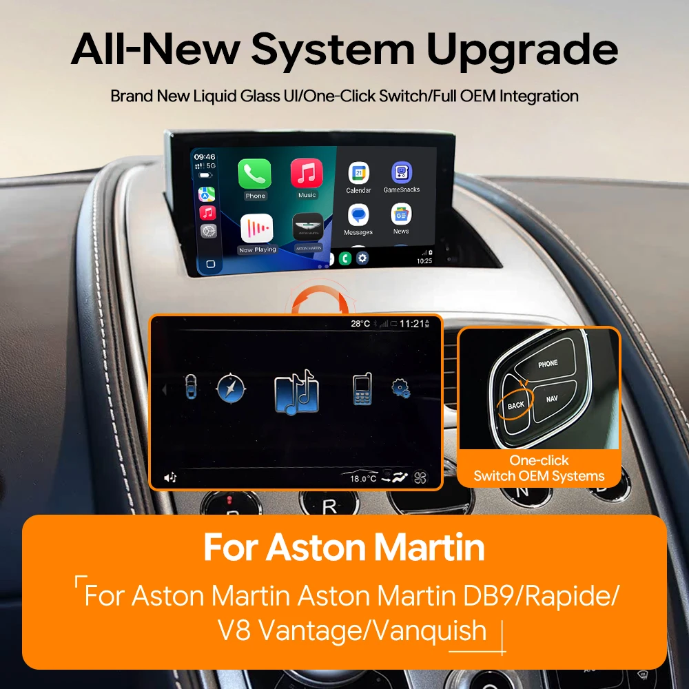 Wireless CarPlay Android Auto Interface for Aston Martin DB9 DBS Vantage Rapide Vanquish 2010-2017 OEM Screen Upgrade Retrofit