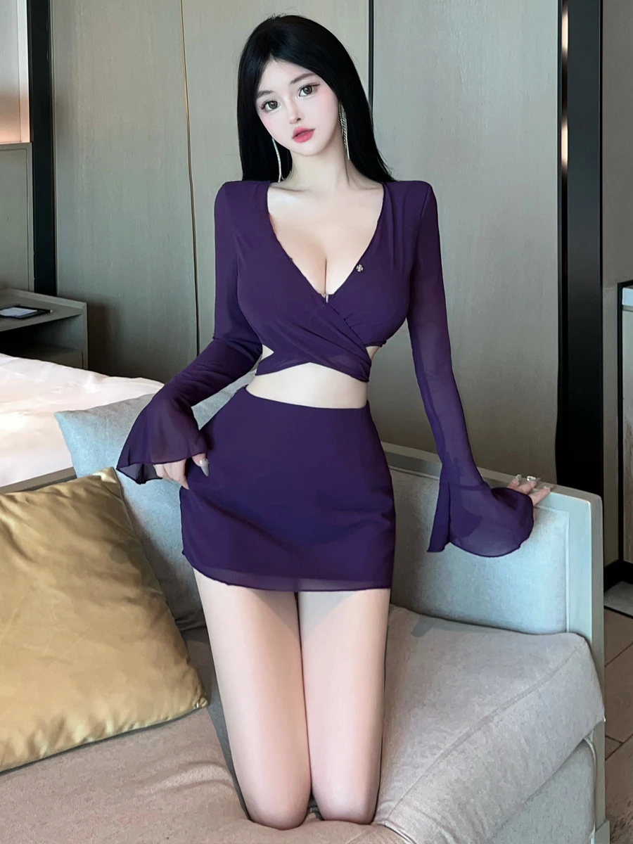 Sexy Short Skirt Set Cross Design Hollow out Waist Slimming Bell Sleeve Mesh Top Slim Fit High Waist Short Skirt Combo