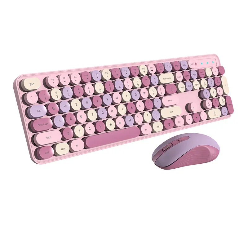 Retro Typewriter Wireless Keyboard and Mouse Combo 105 Keys Round Keycap 2.4G Silent Pink Cute for Girls Home Office PC