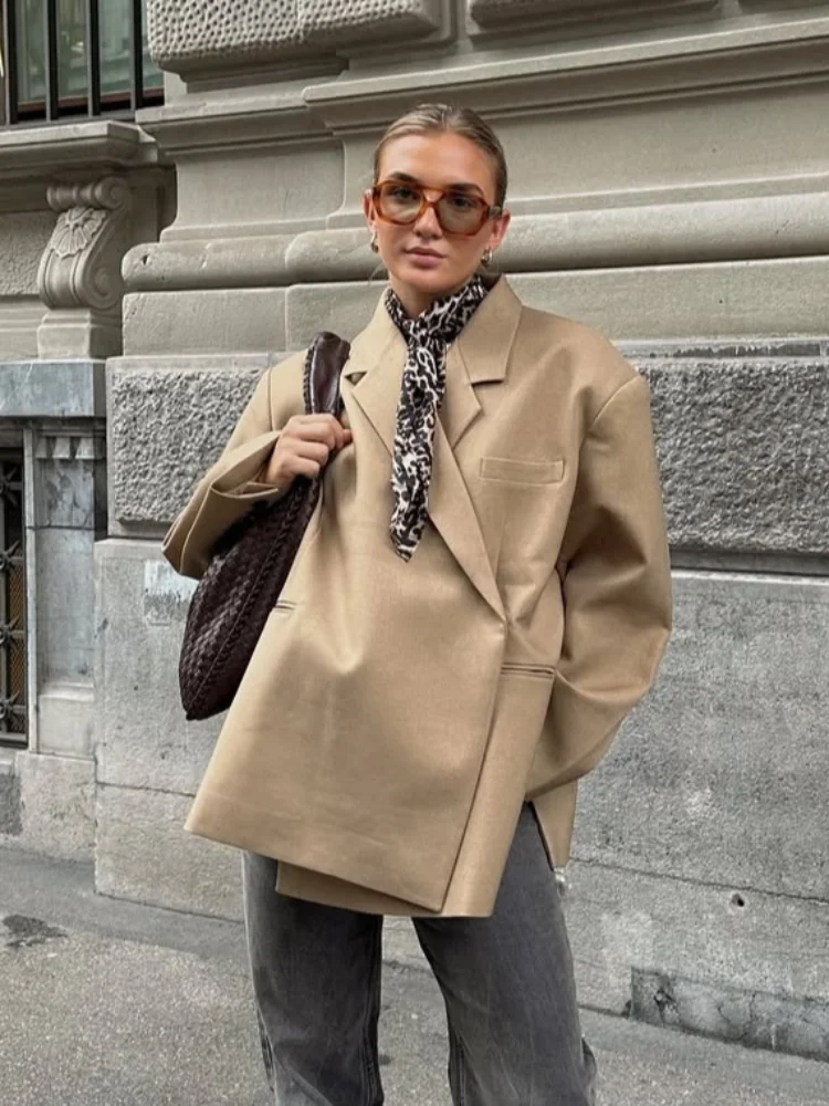 2025 Spring Chic Khaki One Button Cropped Suits Jackets Women Fashion Oversized Pockets Lapel Coats New Lady Commute Streetwear