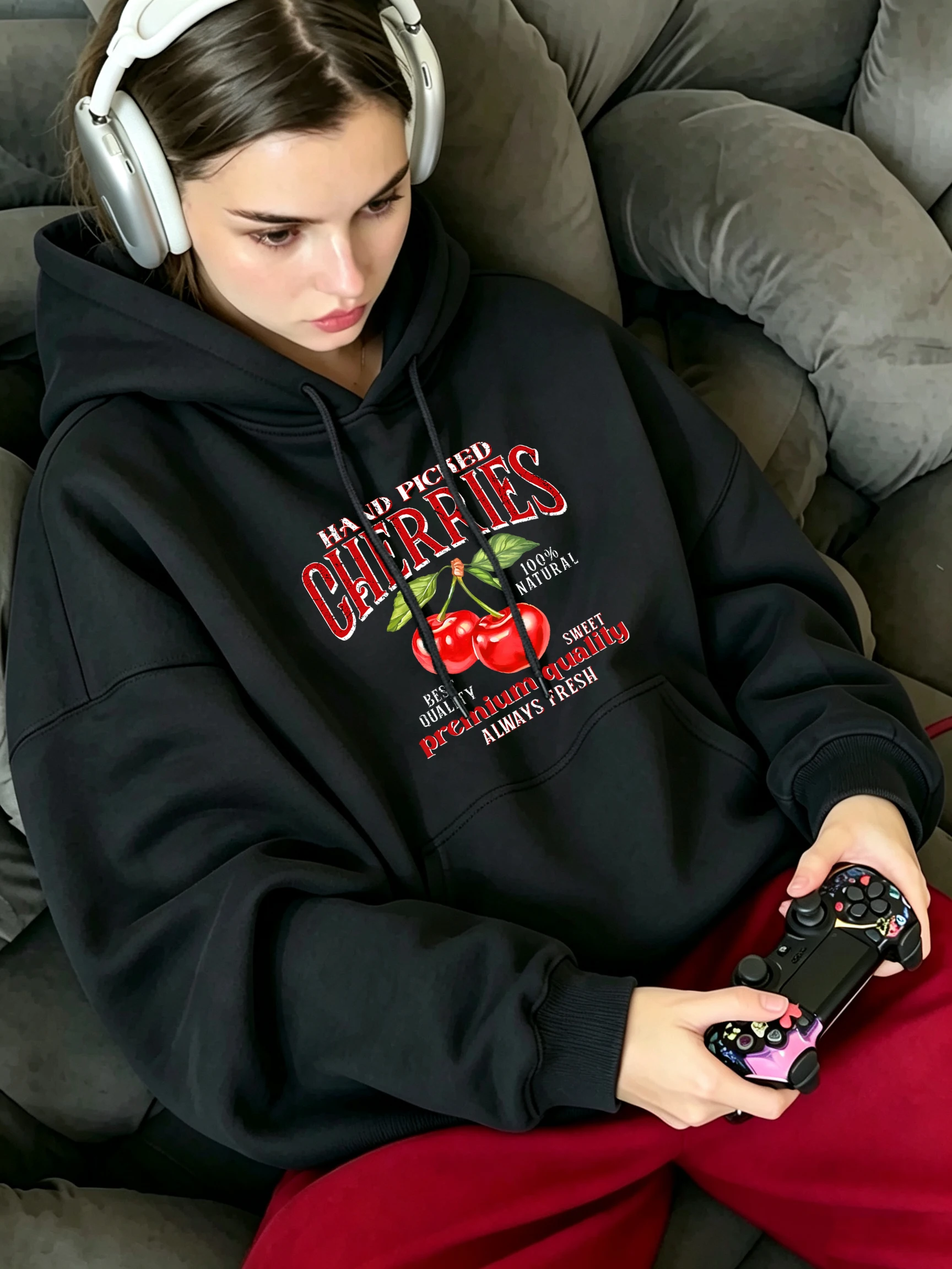 Hand Picked Cherries Printing Women Loose Sports Pullovers Autumn Casual Hoodie Trendy All-Match Clothes Fleece Sportswear