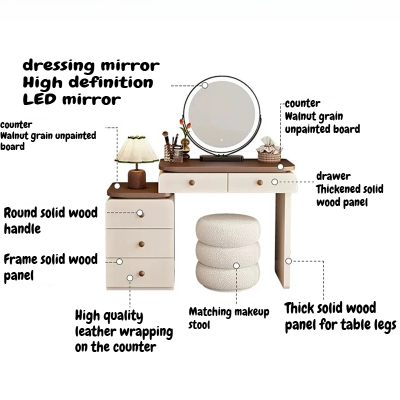 Modern Cream White Vanity Desk With LED Mirror Stool Dressing Table Woman Makeup Toiletries With Side Cabinet Bedroom Furniture
