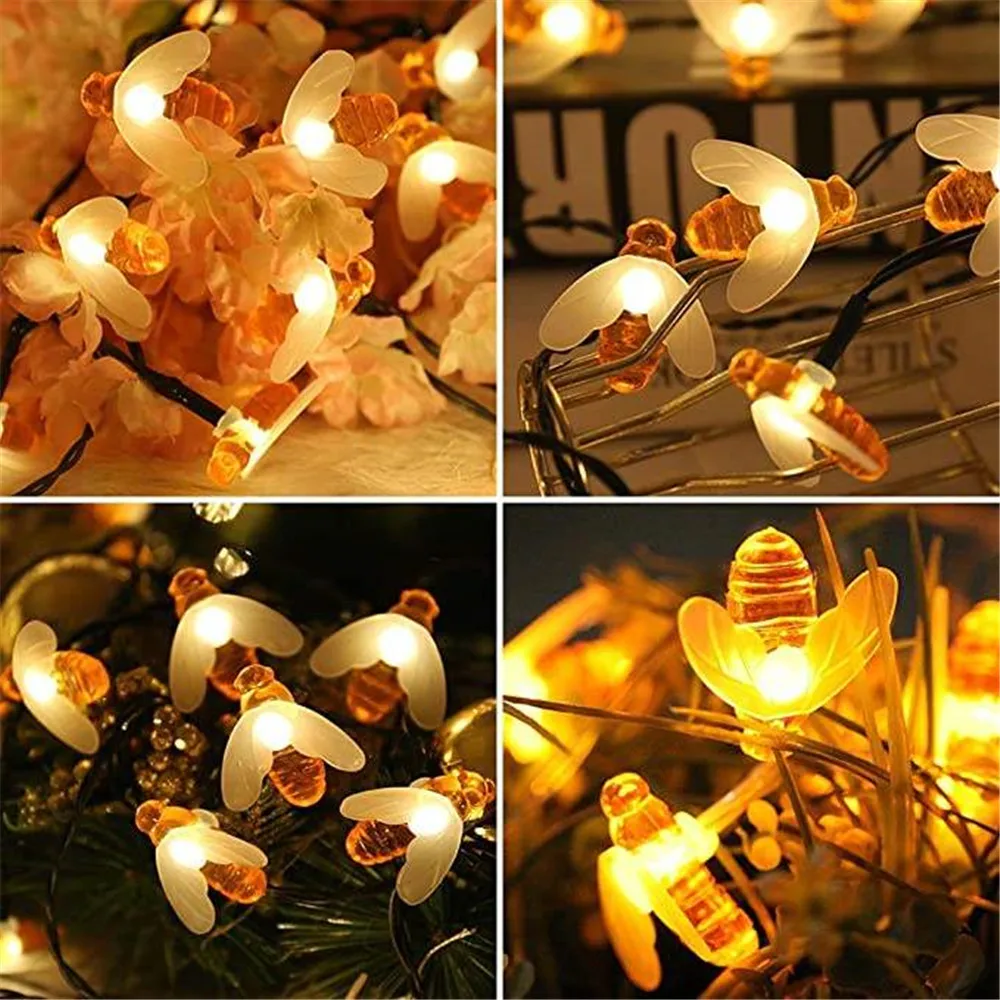 Cute Honey Bee Solar Powered LED String Lights Perfect for Outdoor Gardens Fences Patios and Christmas Garlands with 20/50LEDs