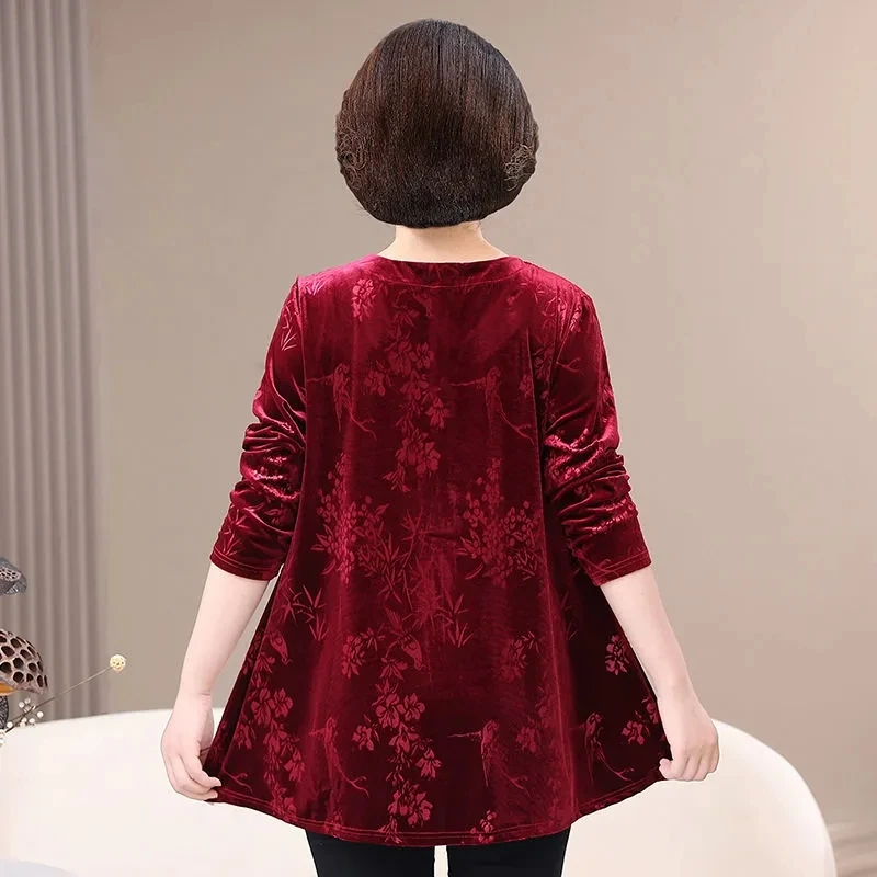 5XL Large Size Mother Gold Velvet T-shirt Spring Autumn Long Sleeve Pullover Tops Middle Aged Elderly Women's Tshirts Velvet Tee