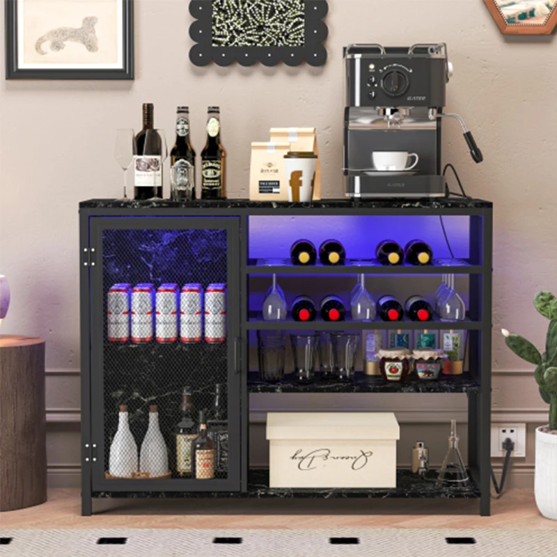 Gabinete de bar, gabinete de bar de vino, credenza de almacenamiento de licores, tablero lateral con estantes para vino y soporte para copas, con enchufe UAB, negro