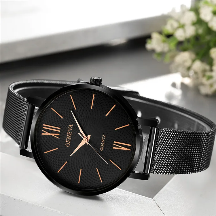 2021 New Geneva Watch Women Black Watches Stainless Steel Mesh Band Quartz Wristwatches Casual Ladies Watches Cheap Price