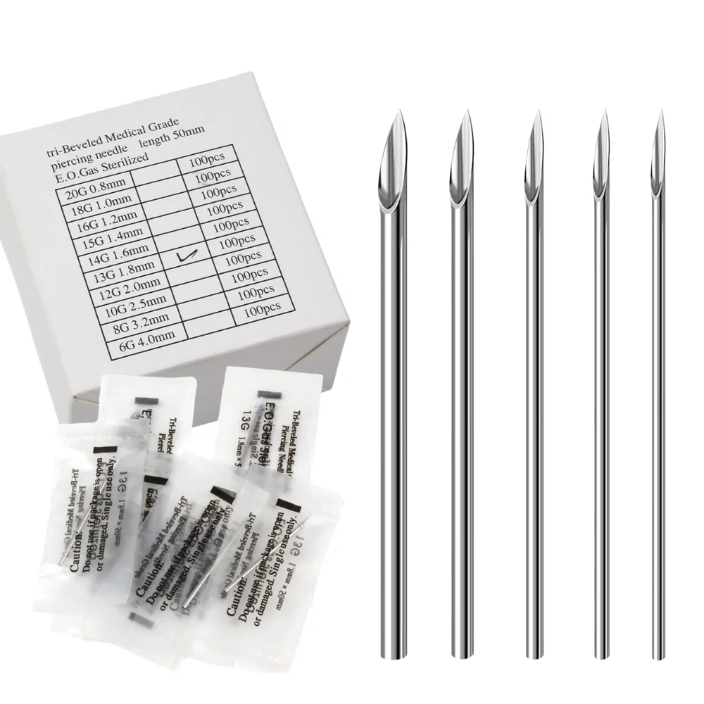 10/20/100PCS aghi per Piercing sterili ago per Piercing in acciaio chirurgico monouso 12G 14G 16G 18G 20G per la fornitura di labbra nasali