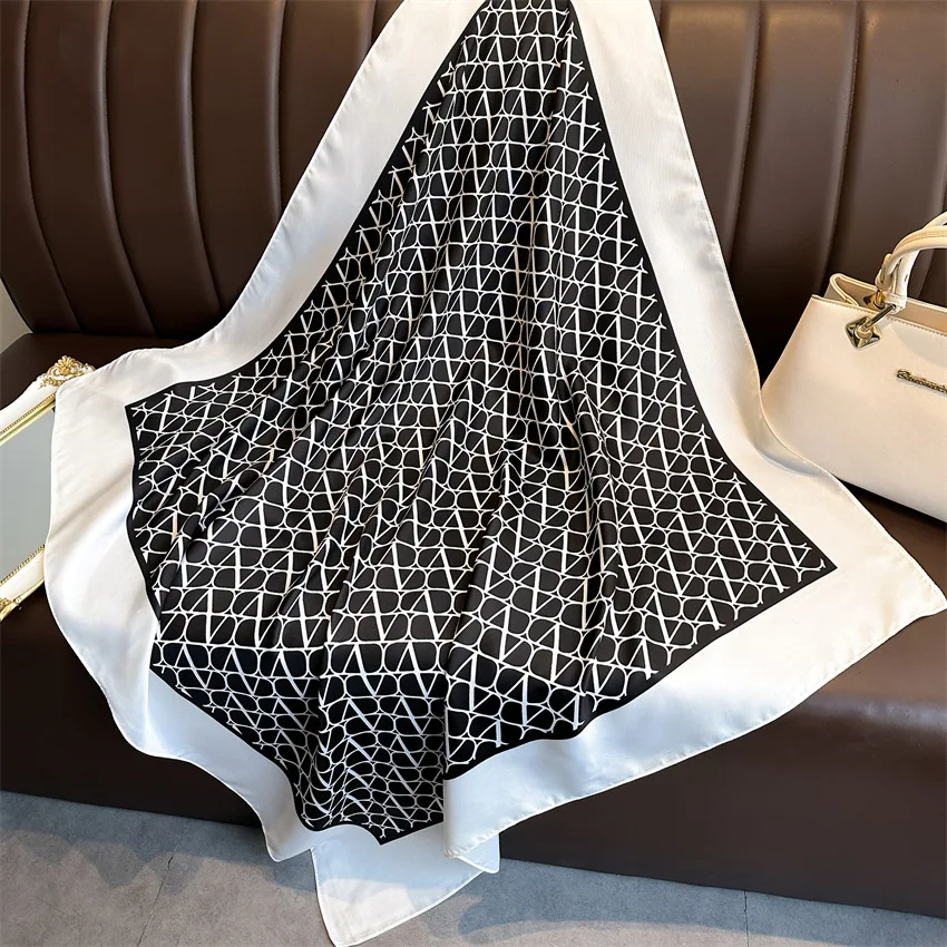 New Fashion Luxury Printing 90*90CM Women Scarf Satin Twill Square Big Shawl Elegant Headscarf Beach Sun Protection Bandana