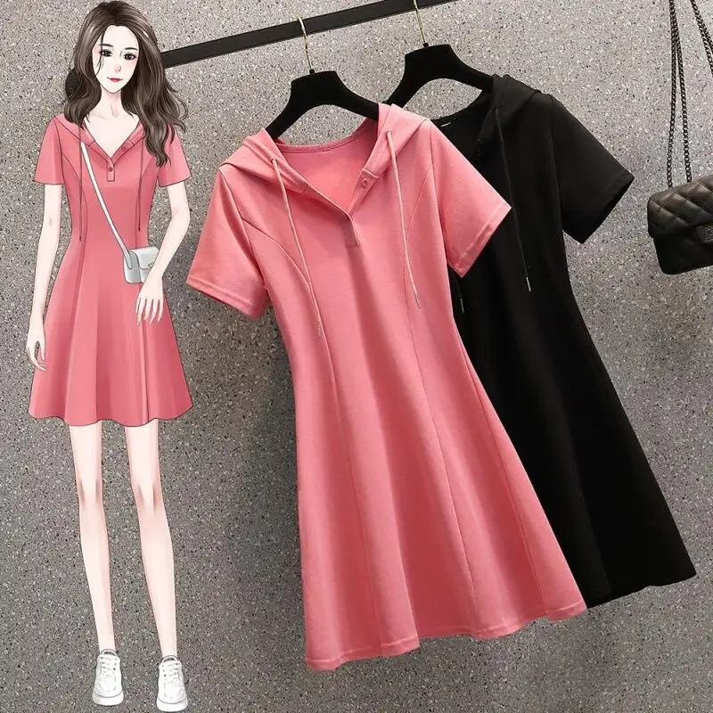 Hot Summer New Women Casual Loose Hooded Dress with Fashion Versatile Temperament Waist Cinching Short Sleeved Mid Length Skirt