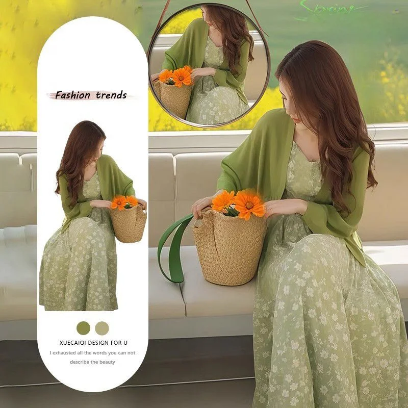 

2025 Spring New Dopane Knitted Cardigan And Floral Dr Women's Faion Set Two-Piece Suit Polyester Fiber Button Closure