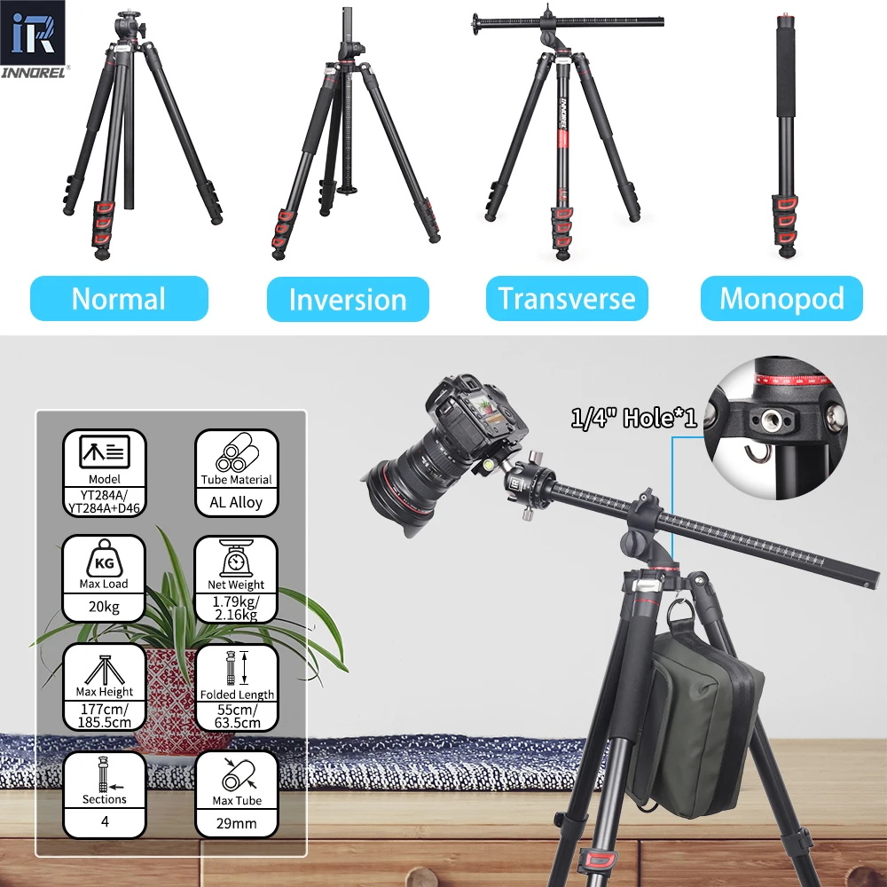 INNOREL YT284A Professional Horizontal CNC Heavy Tripod, Max Height 177cm, With Central Column, for DSLR Camera Video Camcorder