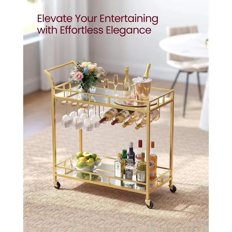 عربة بار ذهبية فاخرة حديثة قابلة للطي عربة دوارة لمطبخ الفندق وتناول الطعام والمستشفى عربة تقديم بار المنزل المواد المعدنية