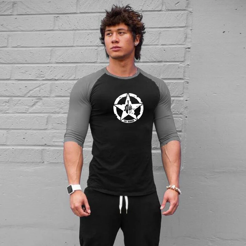 Gym Workout T-Shirt Men\'s Three Quarter Sleeves Sport Bodybuilding Muscle Training Fitness Shirt Autumn Cotton Breathable Tees