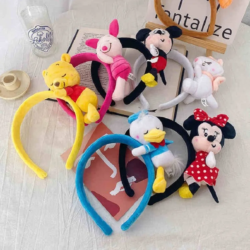 Disney Stitch Headband Minnie Headgear Stuffed Toys Pooh Mickey Donald Duck Plush Cartoon Headband Hair Accessories For Women