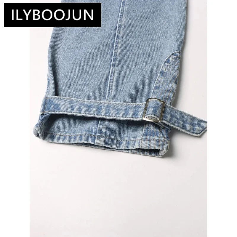 Ilyboon-بنطلون جينز فضفاض مجوف للنساء ، خصر مرتفع ، حزام مربط ، ملابس الشارع النسائية ، جينز بساق مستقيمة ، الموضة ،