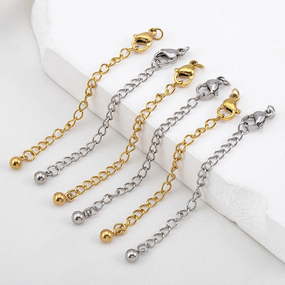 

5pcs 10pcs Stainless Steel Extended Tail Chains With Heart Shaped Charm Lobster Buckle Connector Chains For DIY Jewelry Making