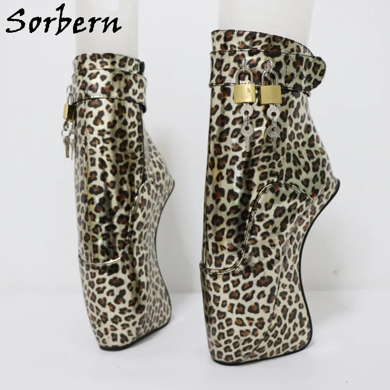 Sorbern Leopard Holo Ankle Boots For Women Lockable Ankle Straps Sm Fetish Booties Heelless Platform Shoes Custom Color