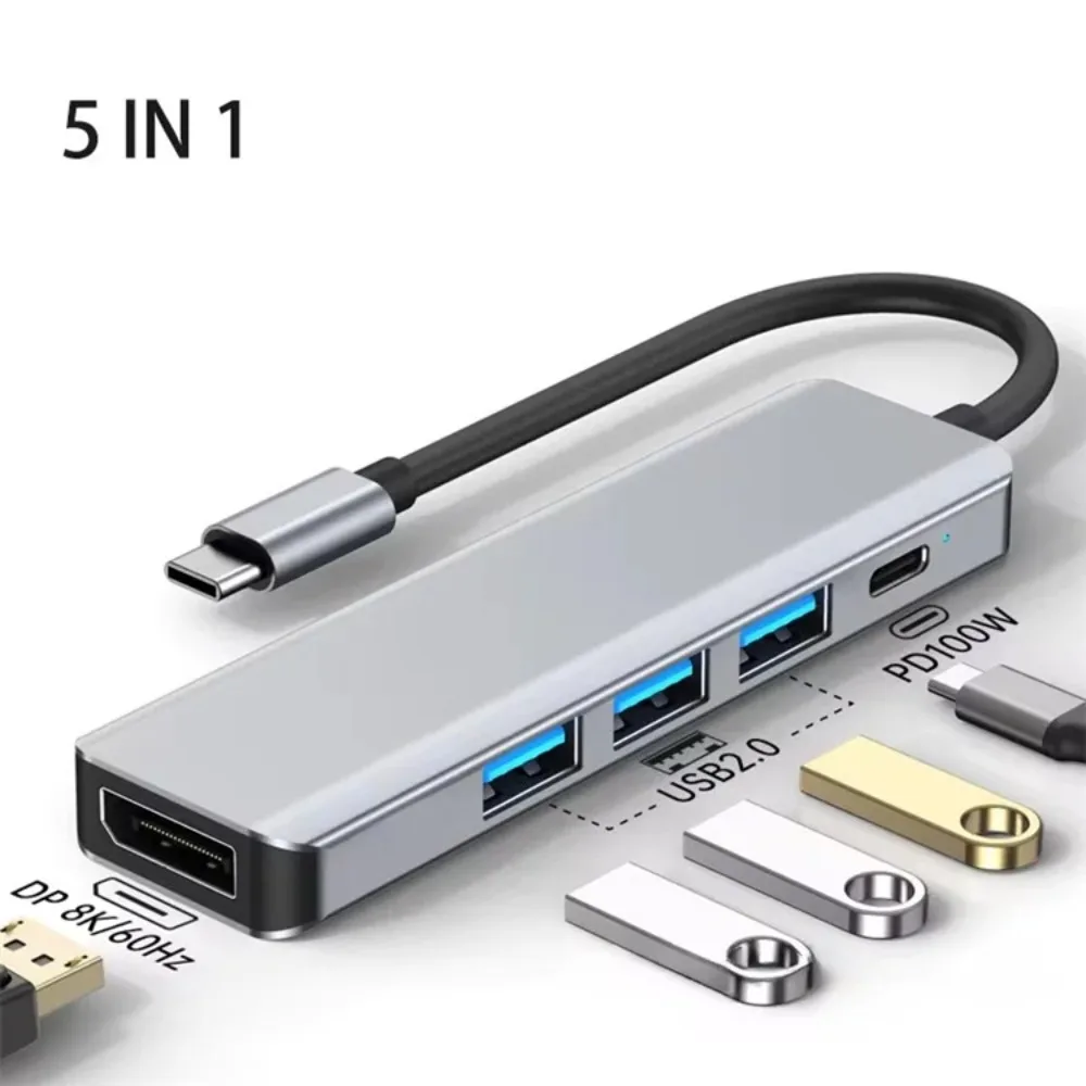Adapter USB-C na DP 8K@60Hz / 4K@120Hz z szybkim ładowaniem 100W PD, 3-portowy hub USB 2.0, przenośna stacja…