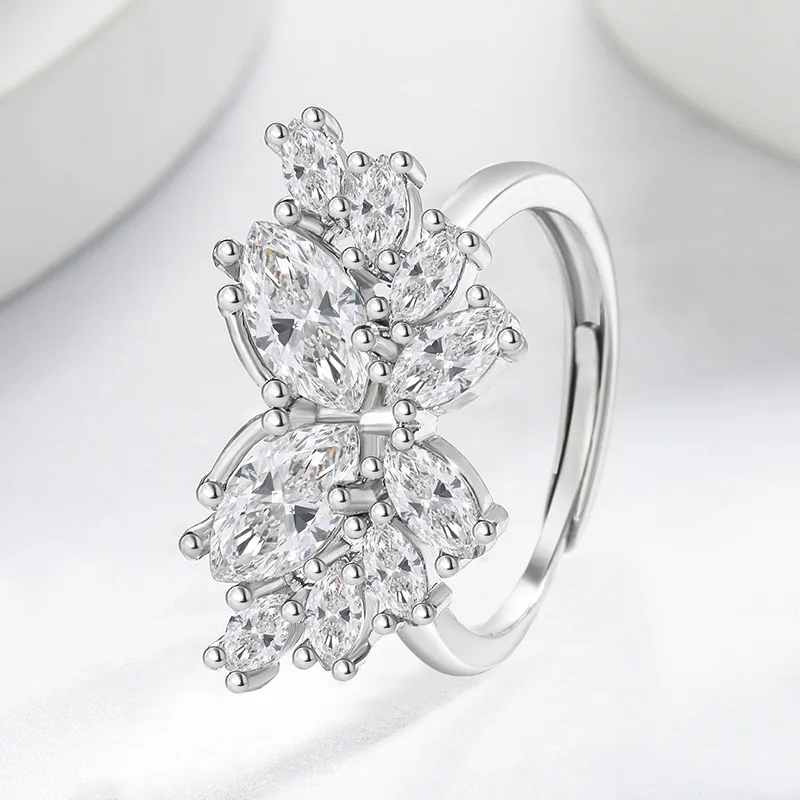 Vintage 925 Silber Blatt-Cluster Zirkonia Ring, Zarter Offener Verstellbarer Statement-Ring, Modischer Hochzeitsschmuck für Sie