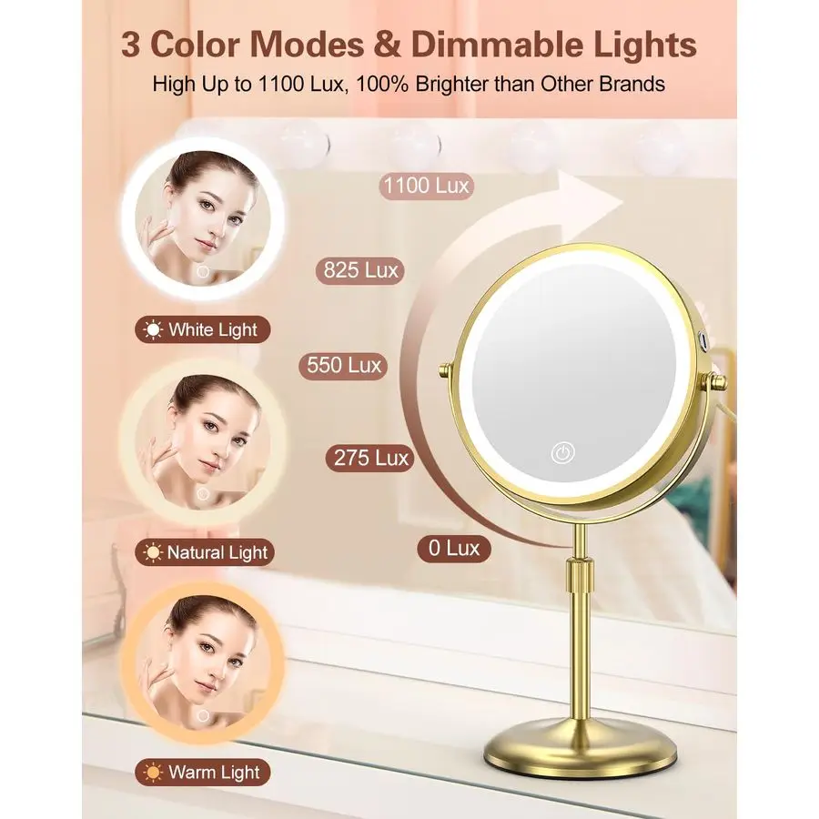 Beleuchteter Schminkspiegel mit 3 Farblichtern und 10-facher Vergrößerung, höhenverstellbarer Helligkeit, 7 Zoll 360 drehbar, wiederaufladbar