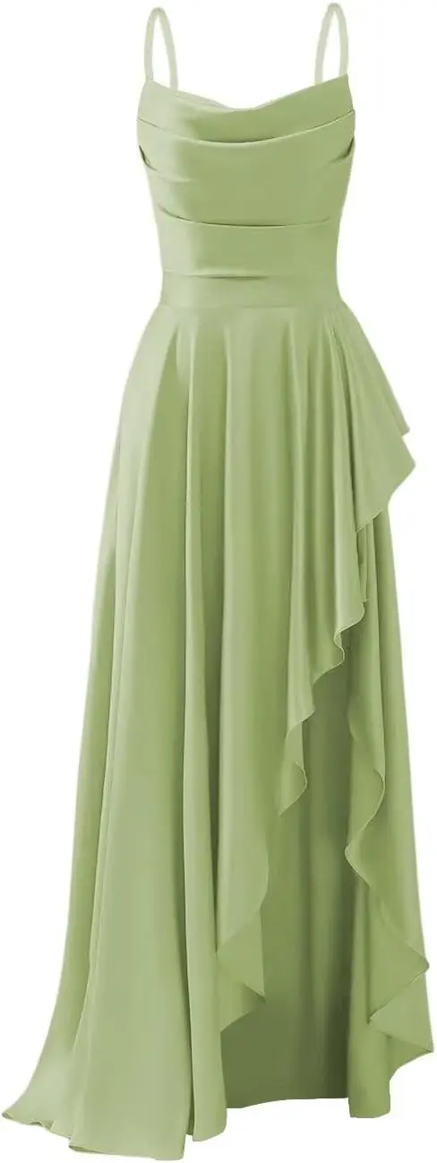 

Платье подружки невесты на бретельках, длинное с разрезом и оборками, платье для выпускного вечера, плиссированные атласные вечерние платья, вечернее платье, женское элегантное платье