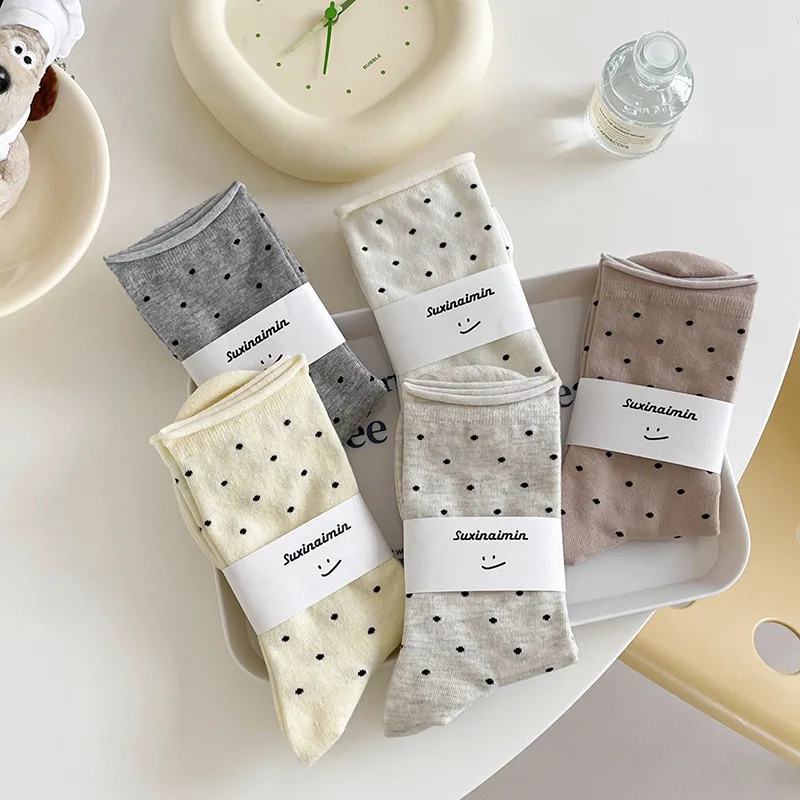 Ins Women Dotted Socks Spring Autumn Crew Socks Breathable Soft Cotton Mid Calf Socks Girls Cream Roll Edge Cute Women Maternity