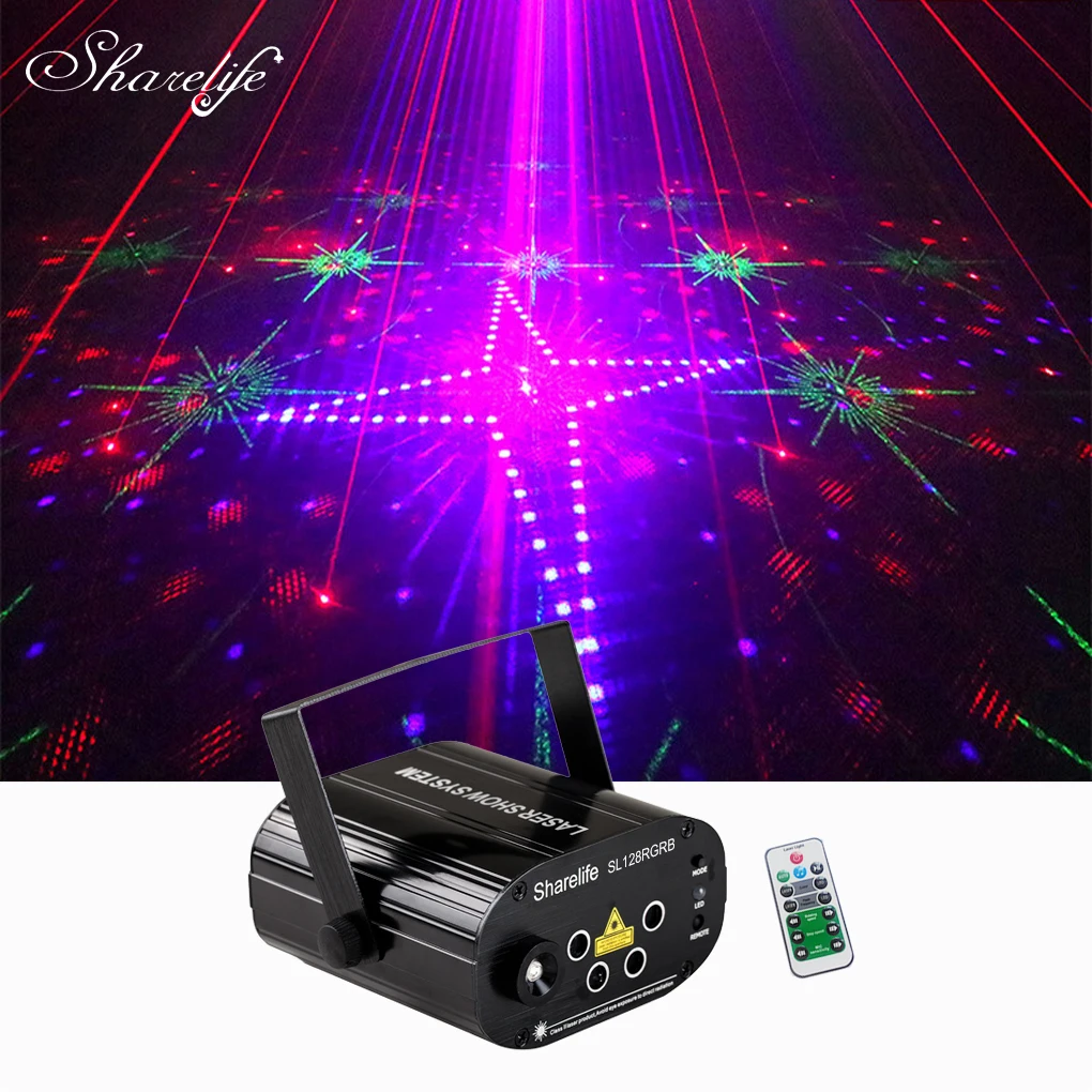 Sharelife 4 Lens Mini 128 RGRB Pattern Laser Music Remote Control Motor Speed DJ Gig Party Home Show KTV Stage Lighting 128RGB