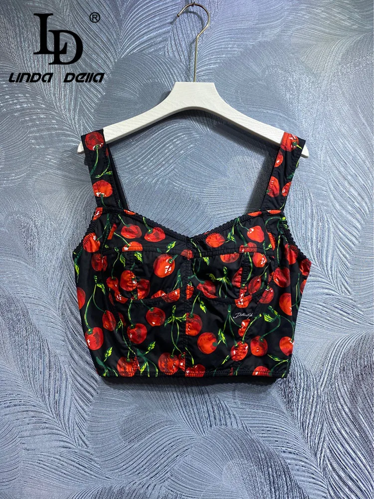 LD LINDA DELLA 2023 Fashion Runway Beach Wind Sexy Top Women\'s Pure Real silk Suspender Fruit Print close-fitting Top