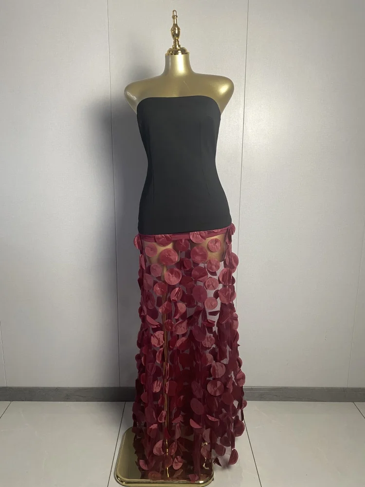 

New Women Sexy Strapless Patchwork Dot Mesh Red Dress 2025 Elegant Evening Club Luxury Birthday Party Dresses