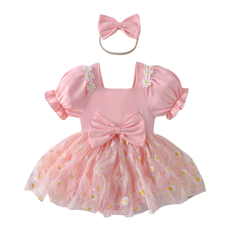 

SUNSIOM Baby Girls Romper Dress Daisy Print Patchwork Short Puff Sleeve Square Neck Jumpsuit with Bow Headband