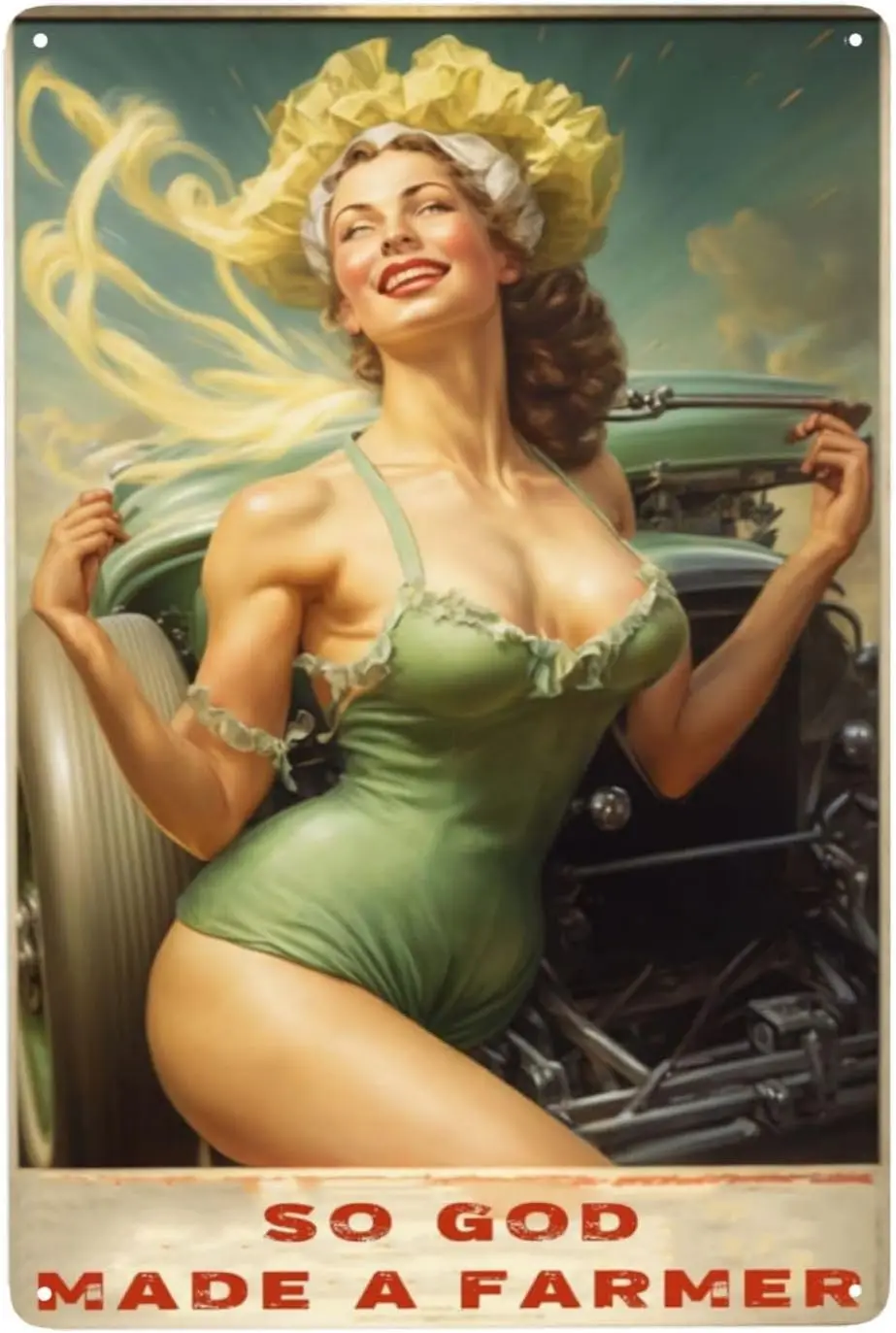 ZHIQUN Farmer Lady Metal Tin Sign 8x12in - Vintage American Car Wall Art for Hotel & Garage, Feminine Decor with God Rays Mo