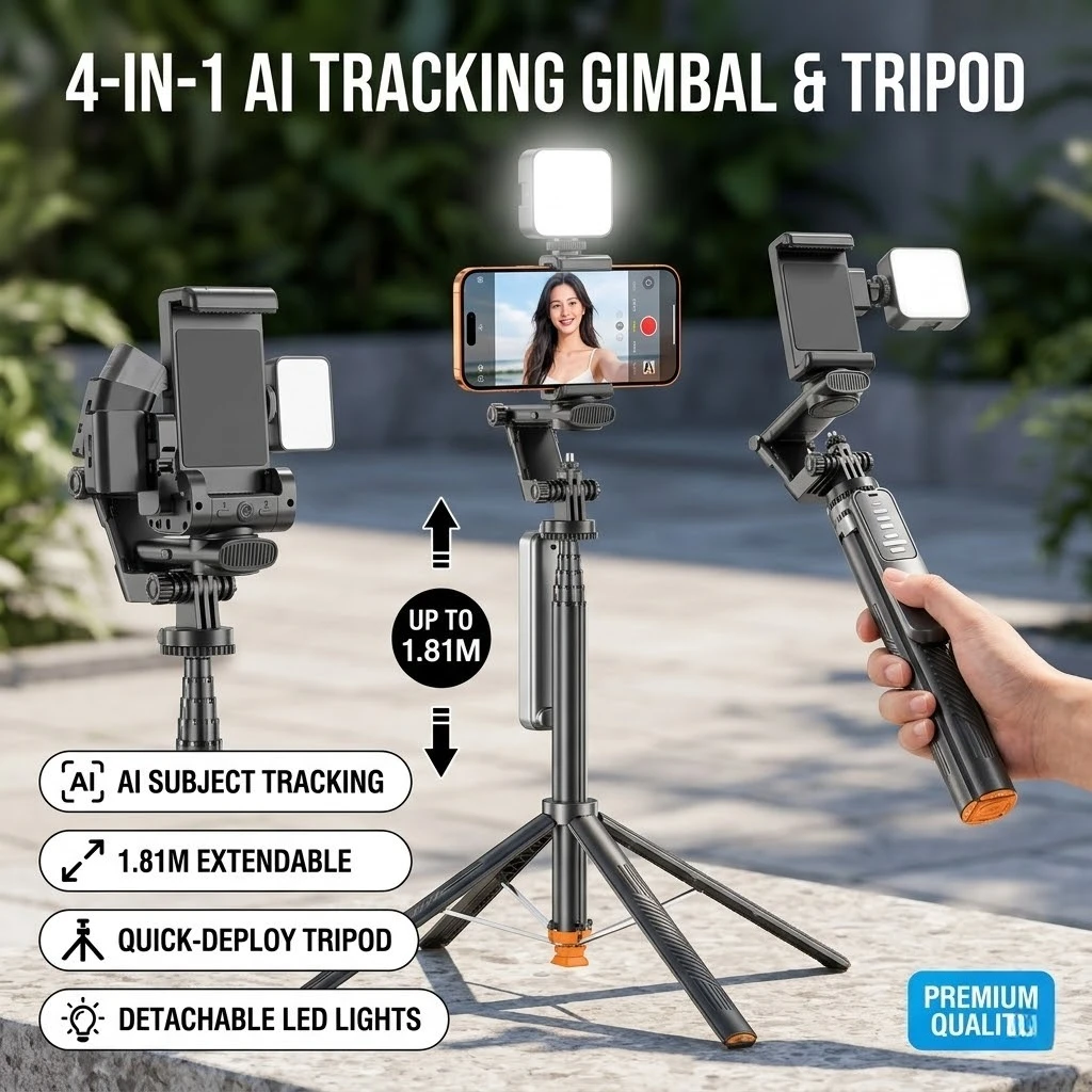 1.81m AI Tracking Selfie Stick Tripod, 4-in-1 Auto Open Phone Stabilizer with Fill Light for Live Vlog