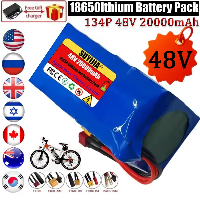 48V 13S4P 18650 Lithium Battery Pack 20000mAh Large Capacity Suitable for Electric Scooter Built-in BMS Mountain Bike 250-1000W