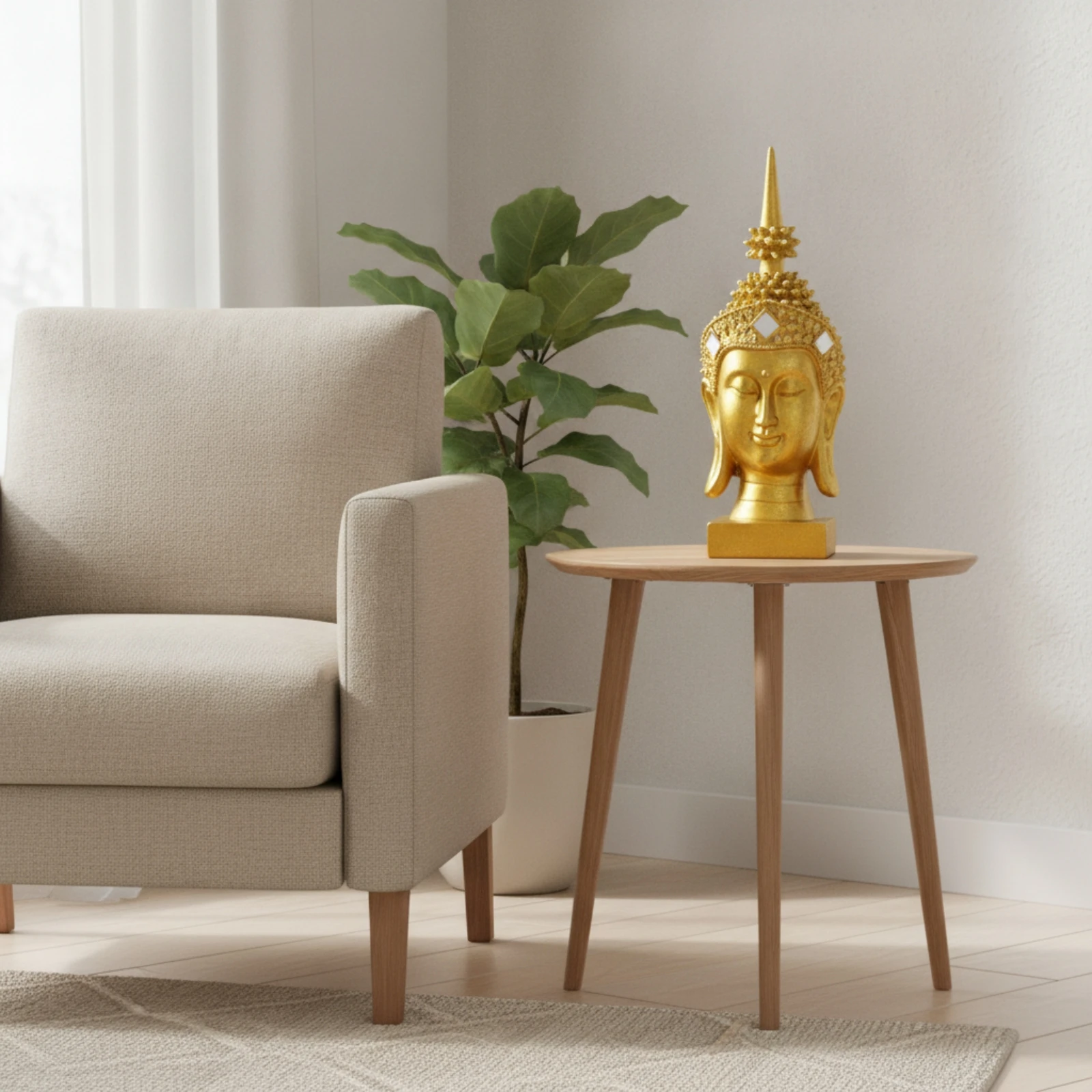 Golden Buddha Head Statue Golden Finish Buddha Head Statue Sculpture Tabletop Ornament Serene for Meditators, Meditation Corner