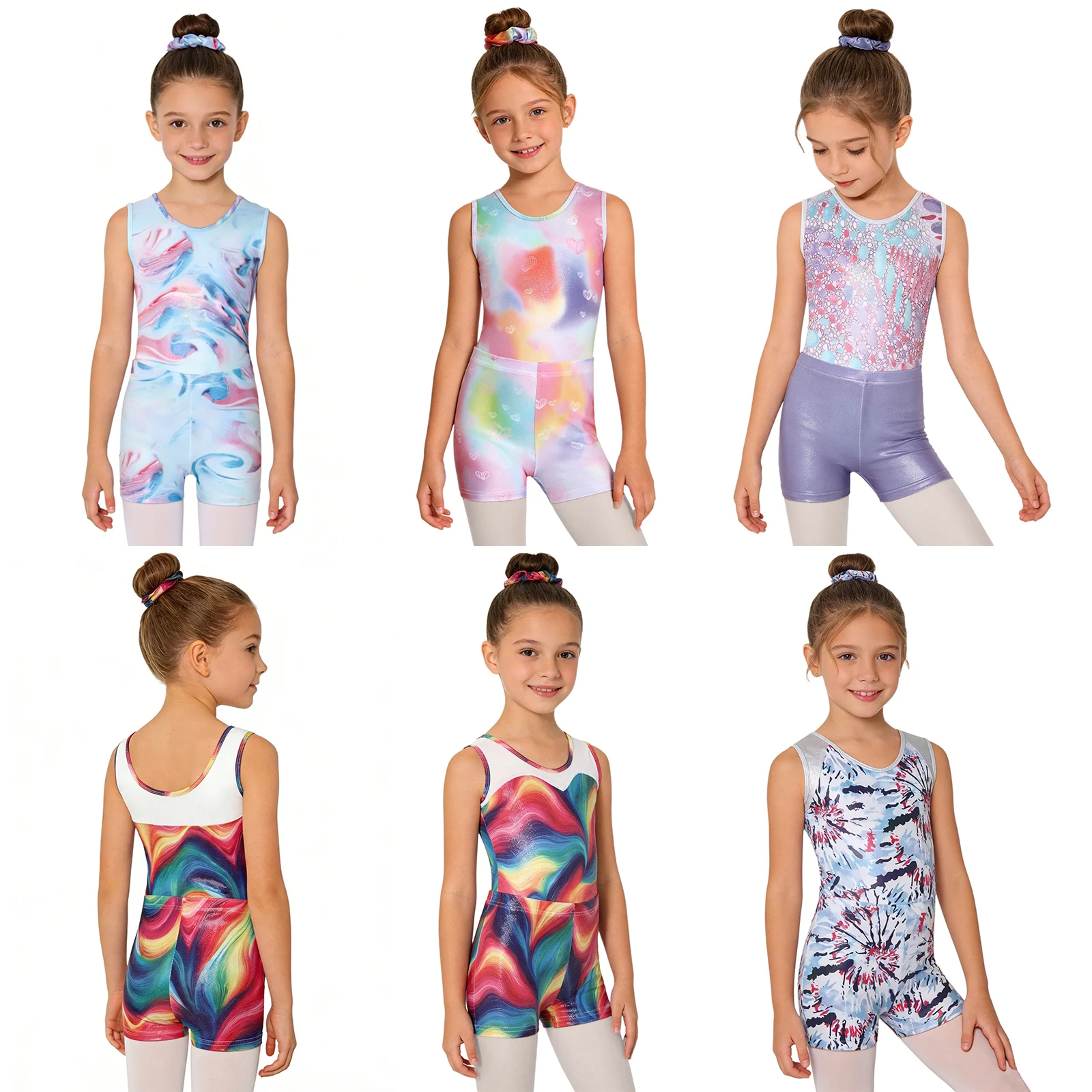 Kids Girls Printed Metallic Ballet Gymnastics Dance Outfit Sleeveless Leotard with Shots and Hairband Suits for Dance Team Comp