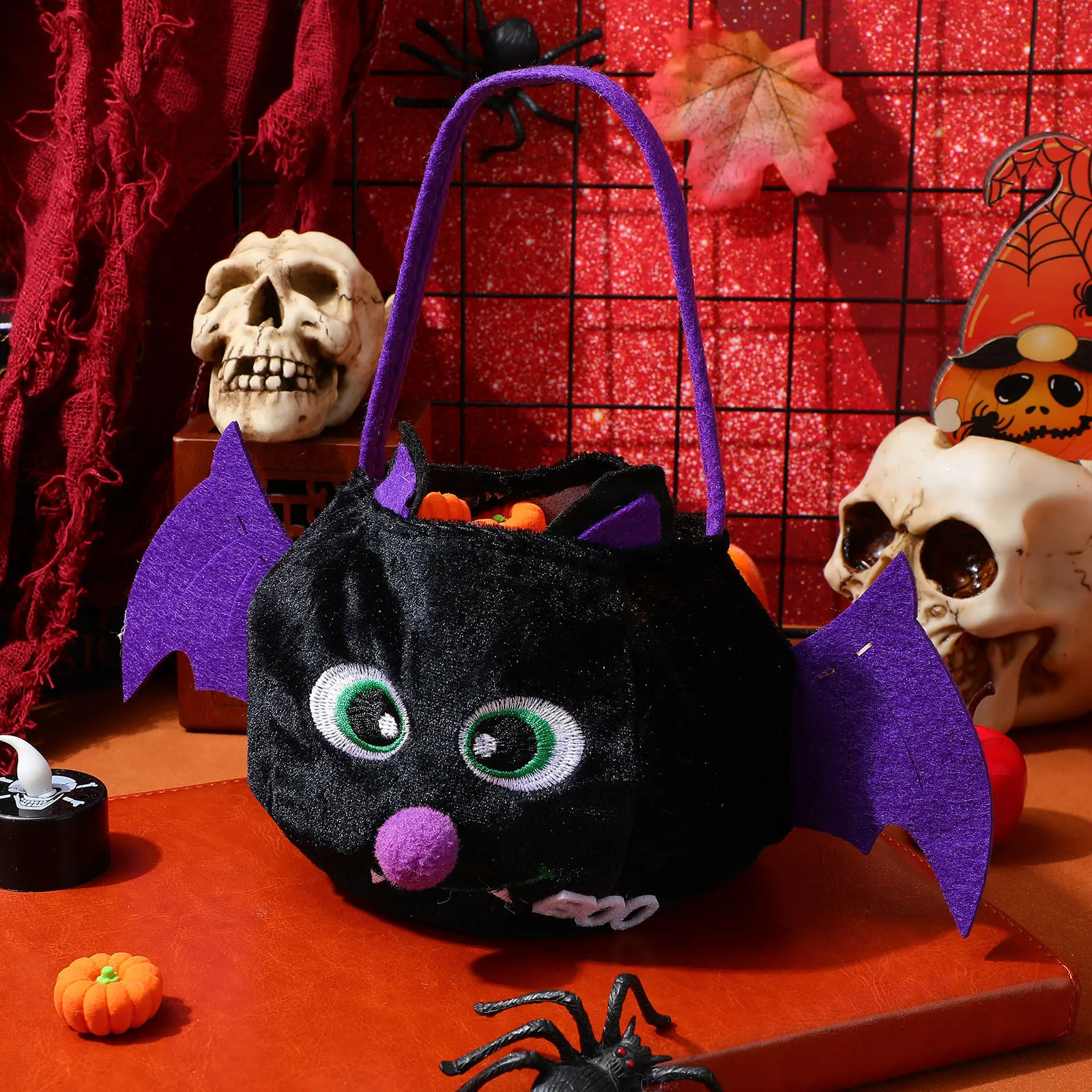 3Pcs Black Bat Halloween Candy Bag Large Capacity Cartoon Design Pouch for Kids Party Cosplay Event Handheld