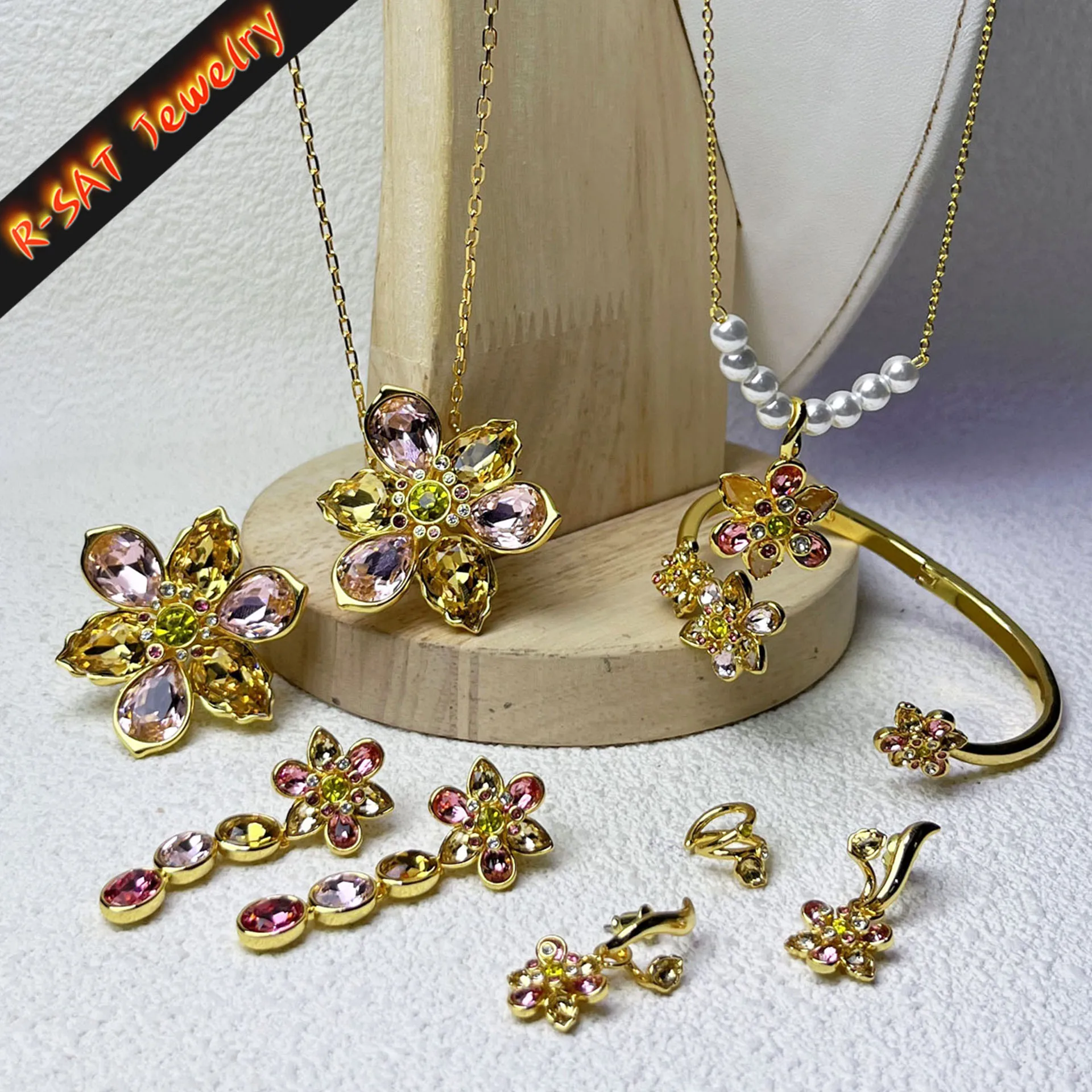 

Fine Jewelry Set Irregular Crystal New Caramel Color Flower Ornaments Exquisite Mother's Day Party Ladies Wedding Gift for Women