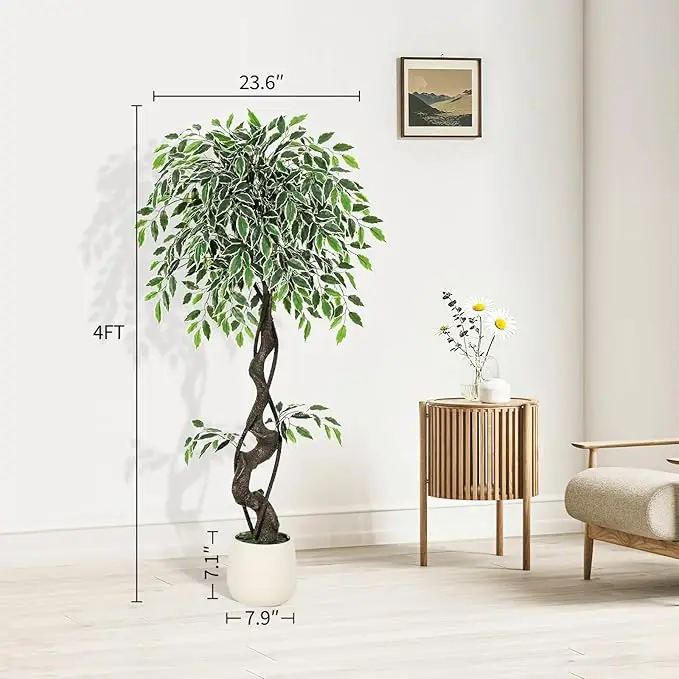 Artificial Ficus Tree, Lifelike Fake Ficus Plant with White Imitation Ceramic Planter, Natural Moss & Pebbles Decor, Stable Potted Faux Tree for Indoor Outdoor Home Office Bedroom Balcony - view 5