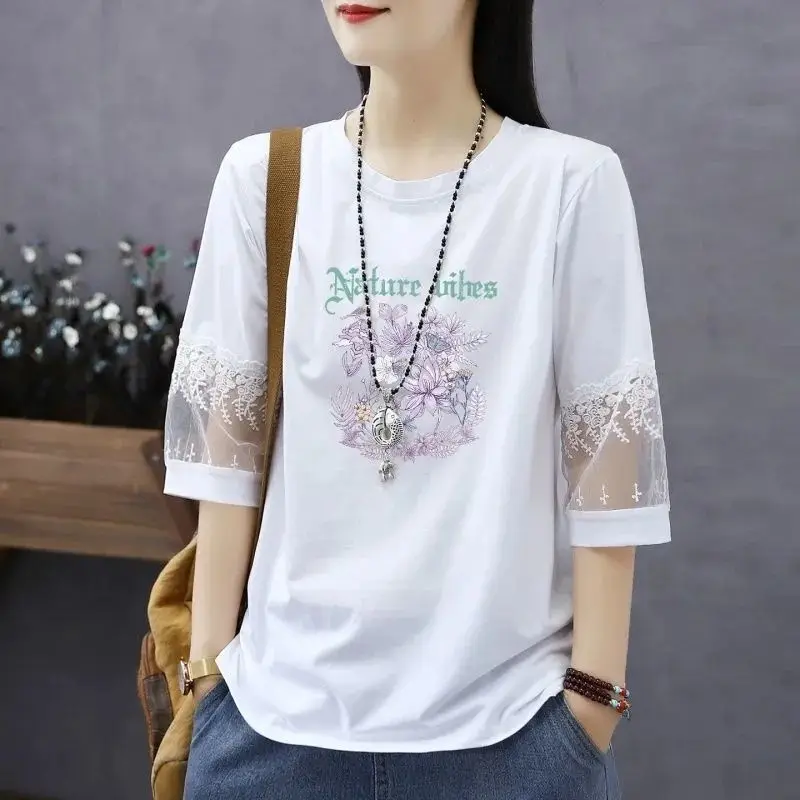Cotton T-shirt Female Lace Stitching Coat Summer New Five-point Sleeve Jacket Plus Size Joker Casual Comfortable Women Loose Top