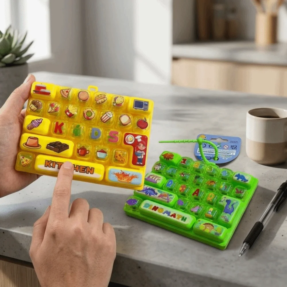 Cartoon 26 Keys Fidget Keyboard Plastic Clickable Keys Fingertip Button Key Ring Food Animal Clear Key Sounds