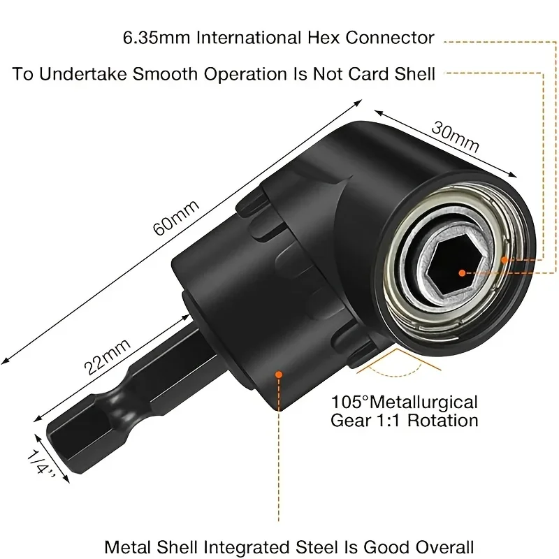Zestaw 6 szt. adapterów do wiertarki pod kątem prostym - 3x360 °   Adaptery do nasadek udarowych z możliwością obrotu + 2 trzpienie sześciokątne 105 °   Akcesoria do wiertarek kątowych