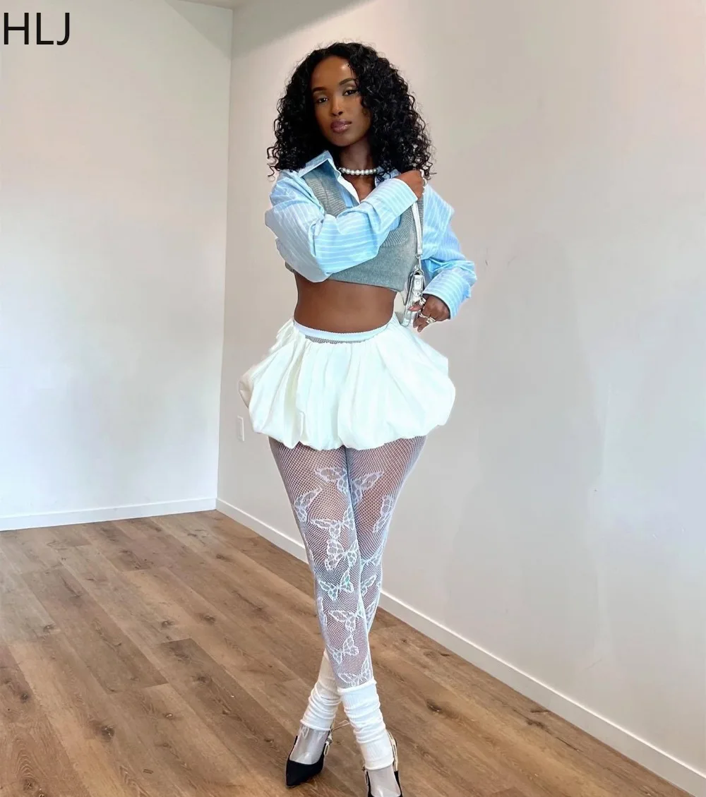 HLJ Fashion College Style Knit Vest Shirts Two Piece Set For Women Turndown Collar Long Sleeve Crop And Puffy Mini Skirts Outfit