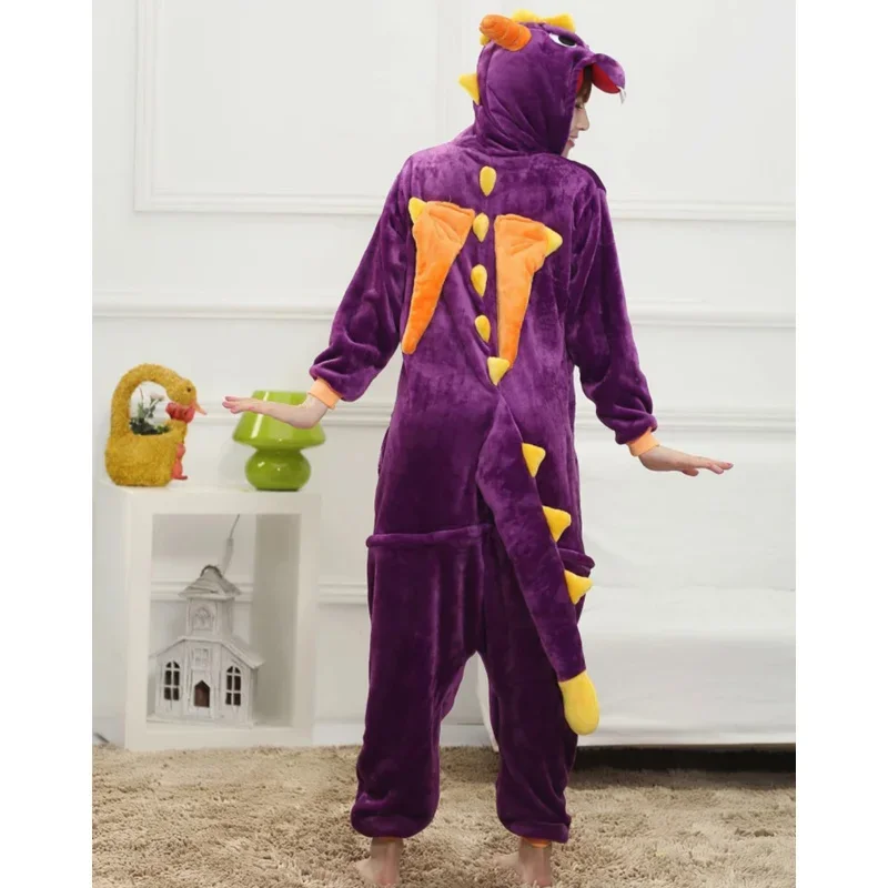 Family Winter One-Piece Purple Dinosaur Cartoon Pajamas With Two Dragon Horns Wings Polyester Warm Comfortable Sleepwear Cosplay